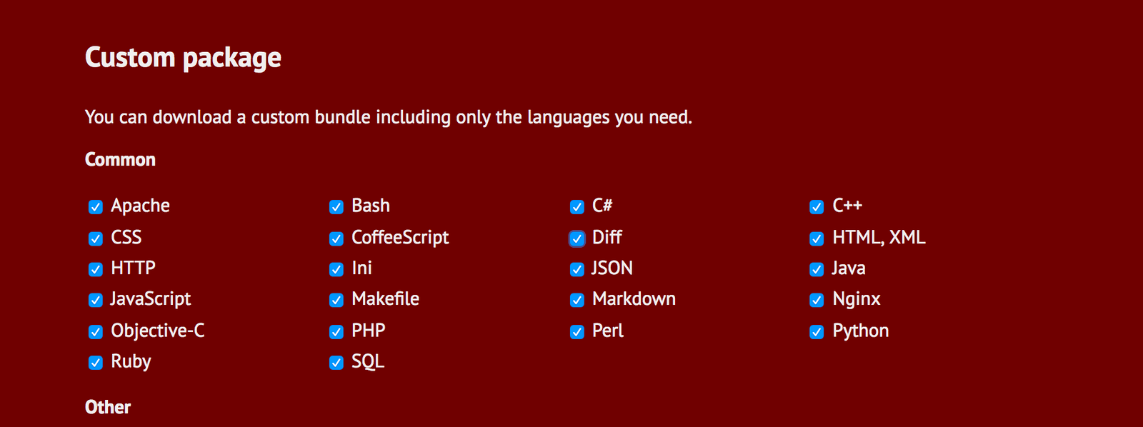 CDNにホストされたhighlight.jsを使う場合、commonの一覧に表示されている言語のみシンタックスハイライトできる