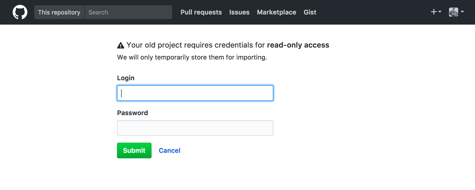 プライベートリポジトリのインポートにはBitbucketのログイン情報が必要