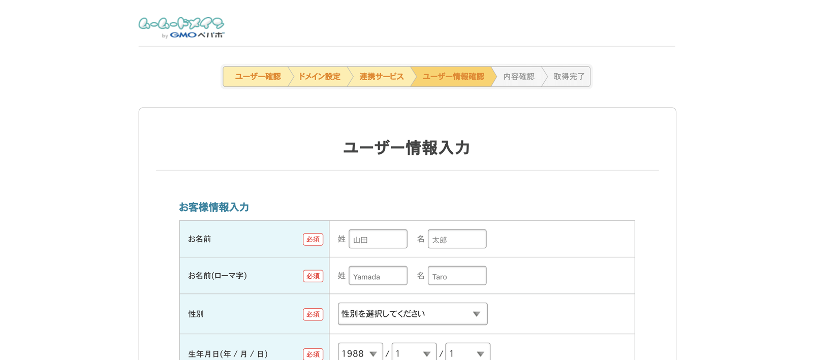 ユーザー情報を入力します