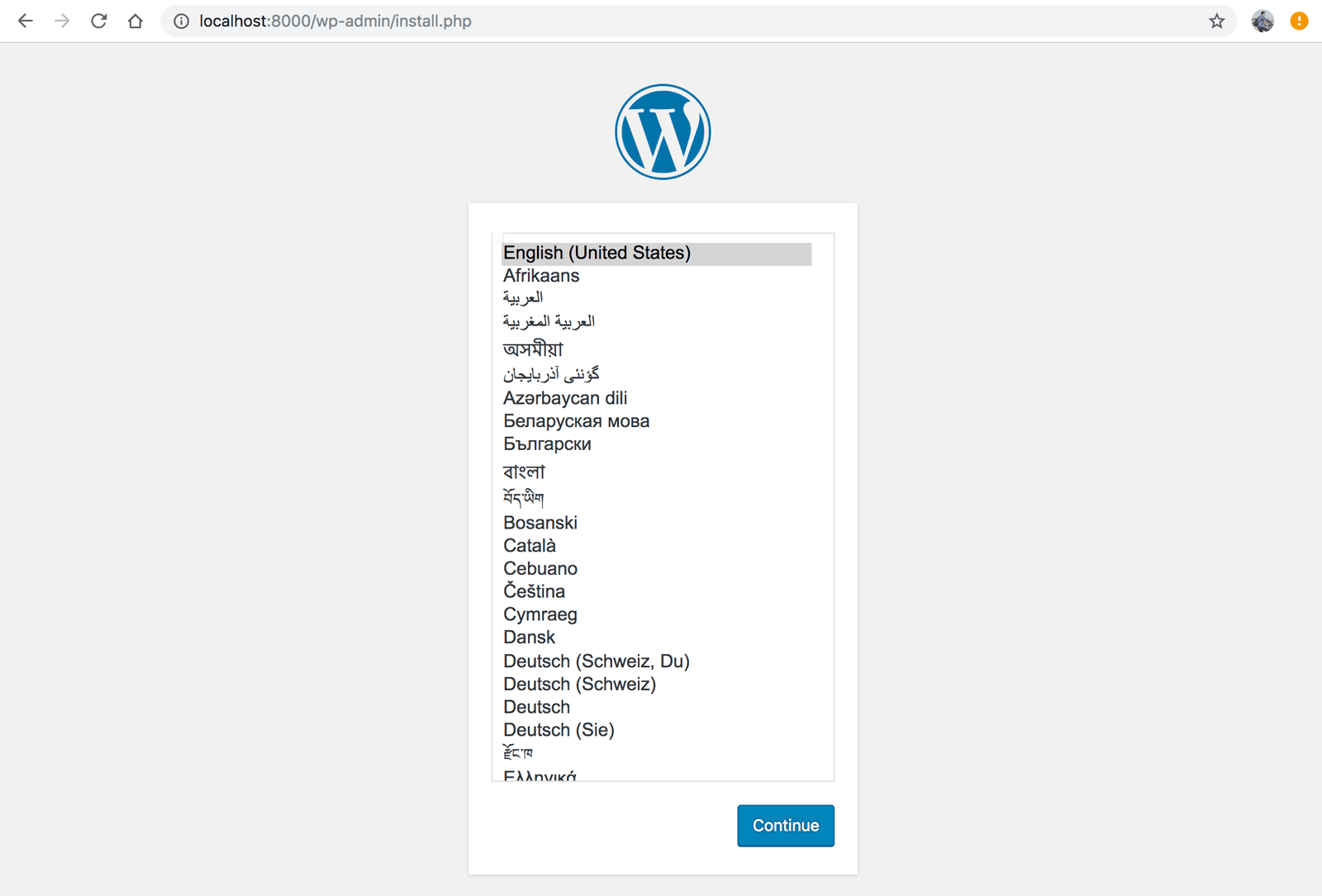WordPressサイトが立ち上がり、インストール画面が表示された