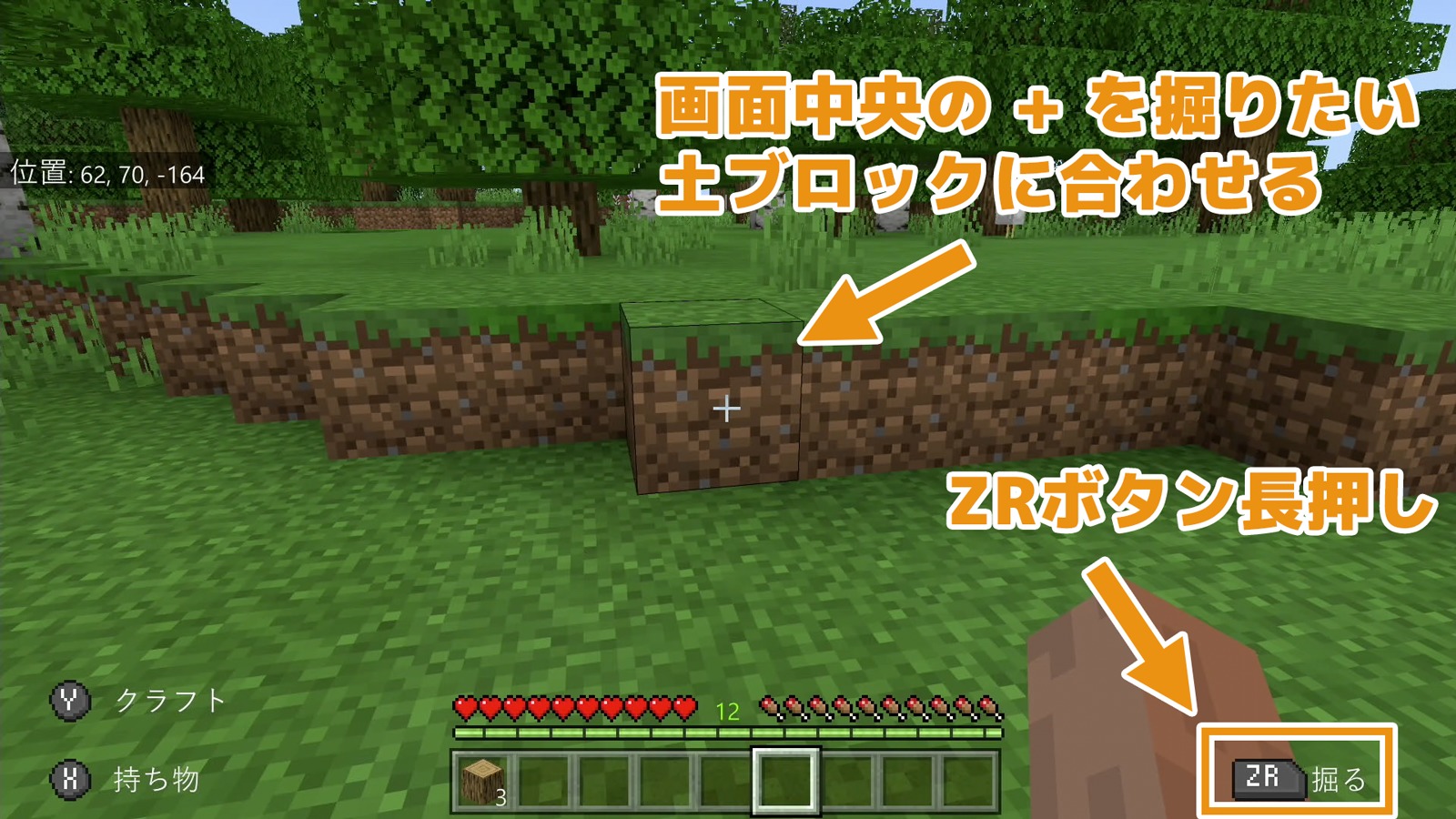 土ブロックをZR長押しすると土が掘れる